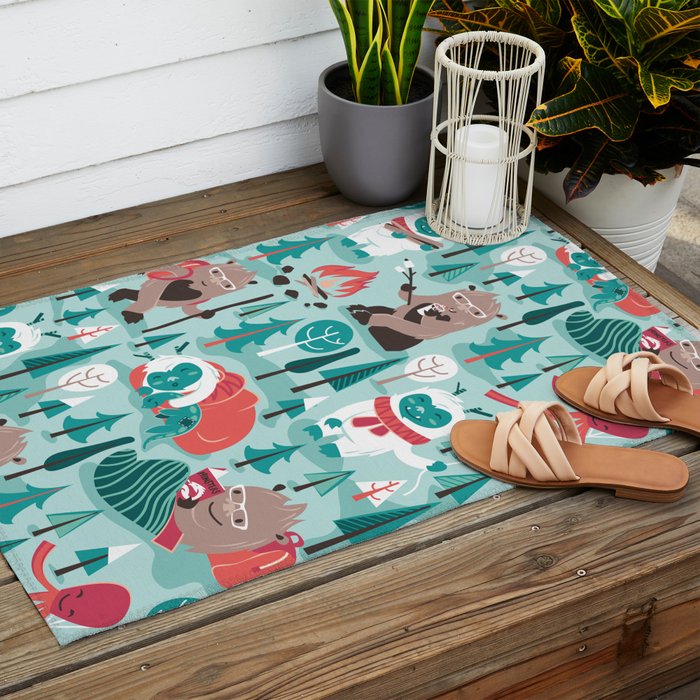 Besties // aqua background white Yeti brown Bigfoot teal and mint trees red and coral details Outdoor Rug Gallery Image 2