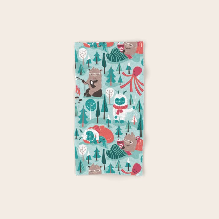 Besties // aqua background white Yeti brown Bigfoot teal and mint trees red and coral details Bath Towel Gallery Image 1