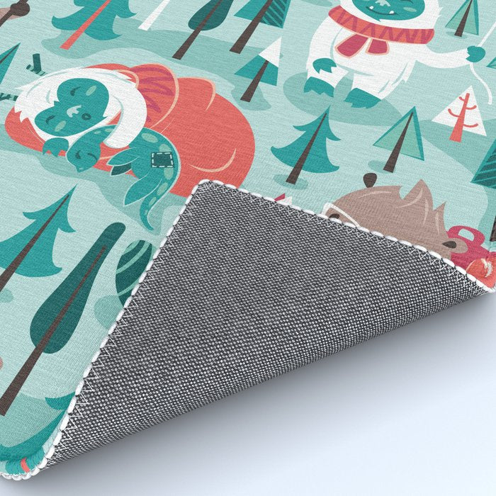Besties // aqua background white Yeti brown Bigfoot teal and mint trees red and coral details Rug Gallery Image 4