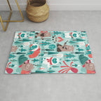 Besties // aqua background white Yeti brown Bigfoot teal and mint trees red and coral details Rug Gallery Image 1