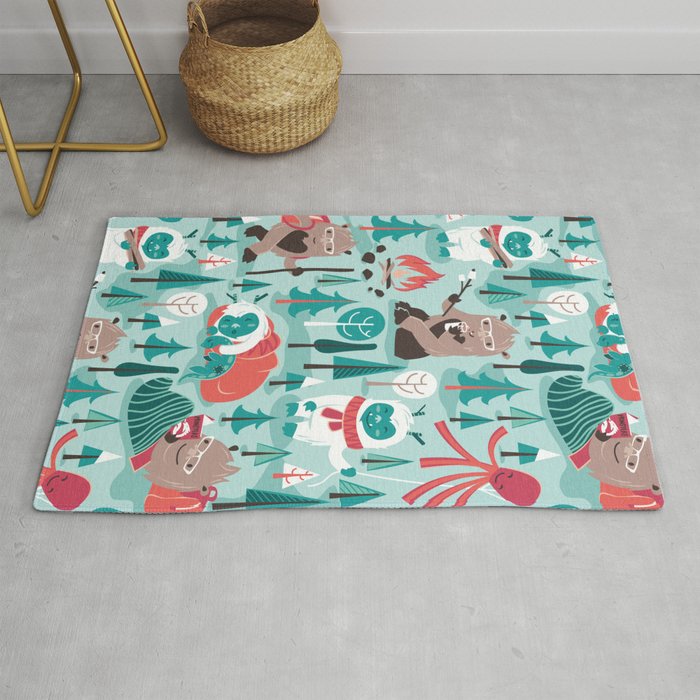Besties // aqua background white Yeti brown Bigfoot teal and mint trees red and coral details Rug Gallery Image 1