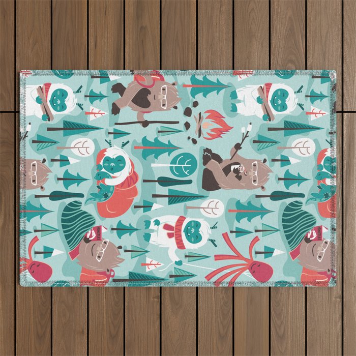 Besties // aqua background white Yeti brown Bigfoot teal and mint trees red and coral details Outdoor Rug Gallery Image 1