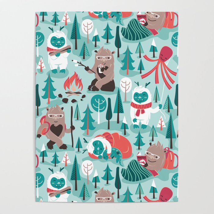 Besties // aqua background white Yeti brown Bigfoot teal and mint trees red and coral details Poster Gallery Image 4