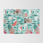 Besties // aqua background white Yeti brown Bigfoot teal and mint trees red and coral details Rug Gallery Image 2