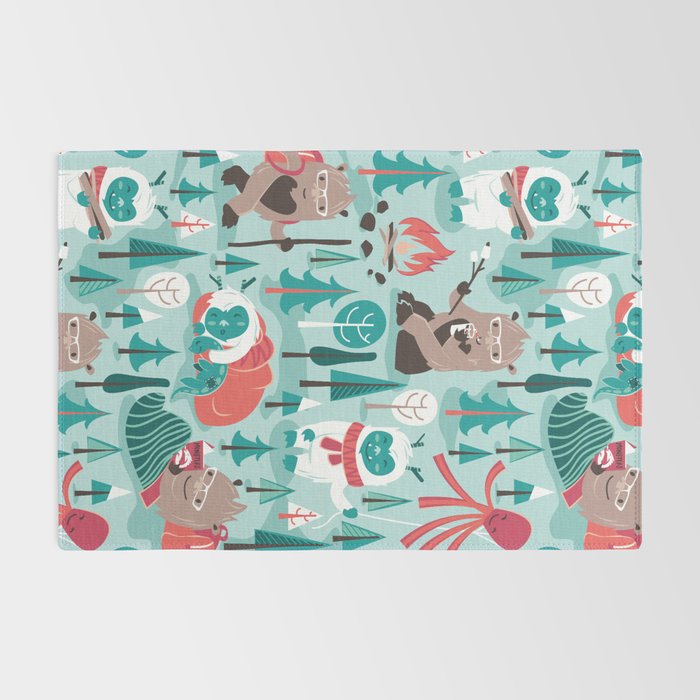 Besties // aqua background white Yeti brown Bigfoot teal and mint trees red and coral details Rug Gallery Image 2