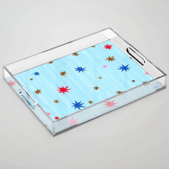 Celestial Star Twinkle in Sky Blue Watercolor Acrylic Tray Gallery Image 1