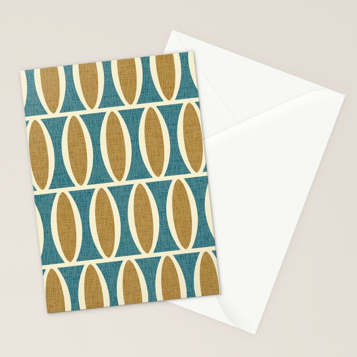 Mid Century Modern Geometric Oval Pattern 227 Blue Gold and Beige Stationery Card Gallery Image 2