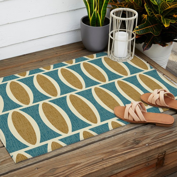 Mid Century Modern Geometric Oval Pattern 227 Blue Gold and Beige Outdoor Rug Gallery Image 2