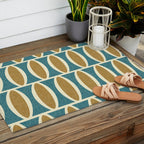 Mid Century Modern Geometric Oval Pattern 227 Blue Gold and Beige Outdoor Rug Gallery Image 2