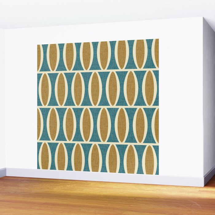 Mid Century Modern Geometric Oval Pattern 227 Blue Gold and Beige Wall Mural Gallery Image 2