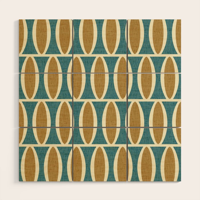 Mid Century Modern Geometric Oval Pattern 227 Blue Gold and Beige Wood Wall Art Gallery Image 1
