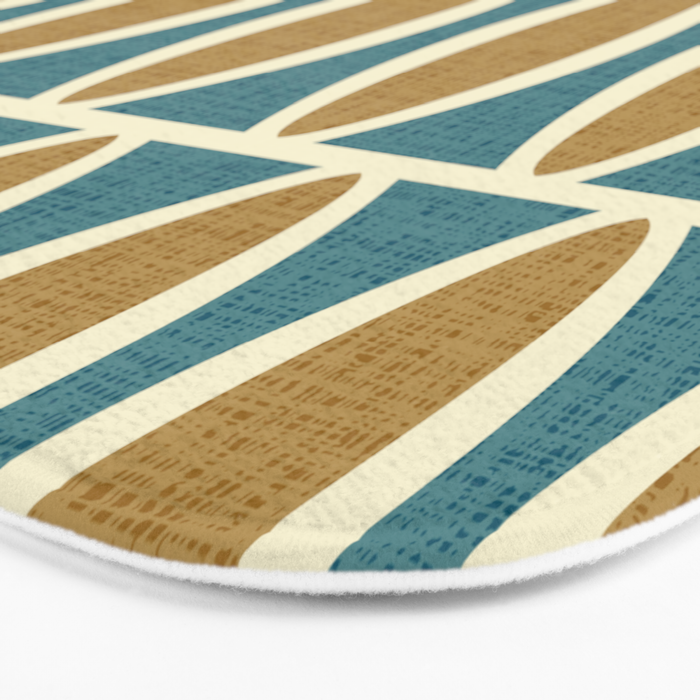 Mid Century Modern Geometric Oval Pattern 227 Blue Gold and Beige Bath Mat Gallery Image 3