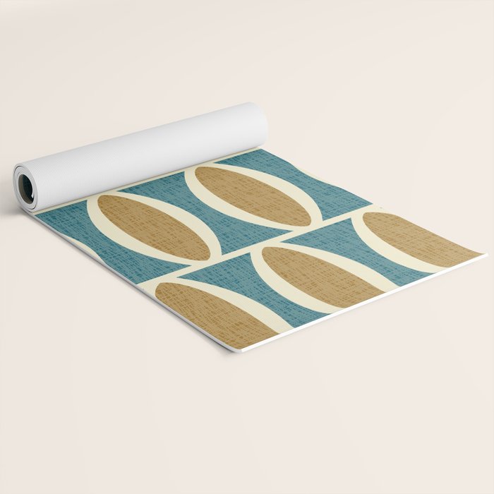 Mid Century Modern Geometric Oval Pattern 227 Blue Gold and Beige Yoga Mat Gallery Image 2