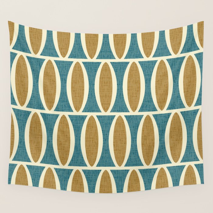 Mid Century Modern Geometric Oval Pattern 227 Blue Gold and Beige Wall Tapestry Gallery Image 4