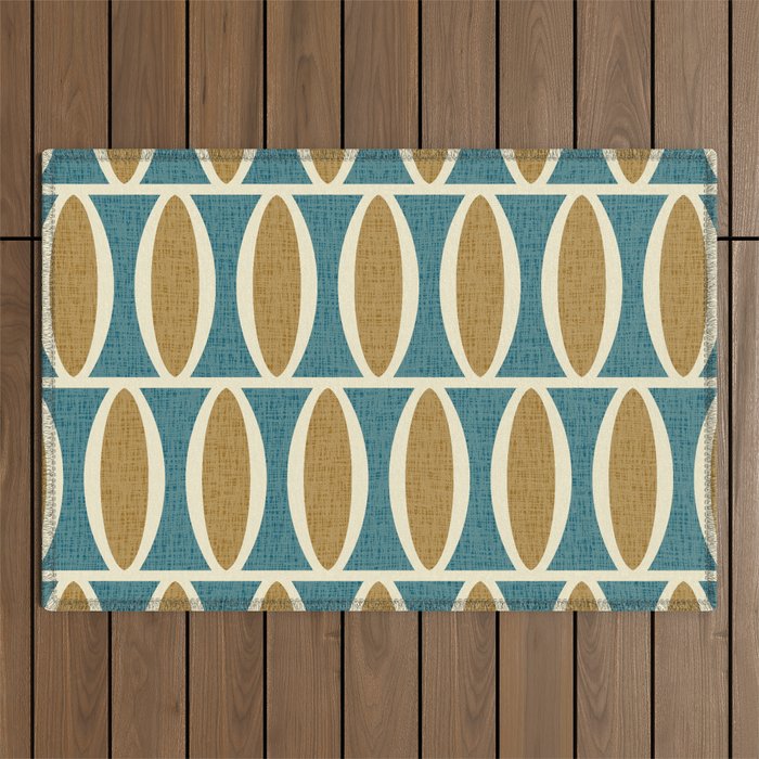 Mid Century Modern Geometric Oval Pattern 227 Blue Gold and Beige Outdoor Rug Gallery Image 1