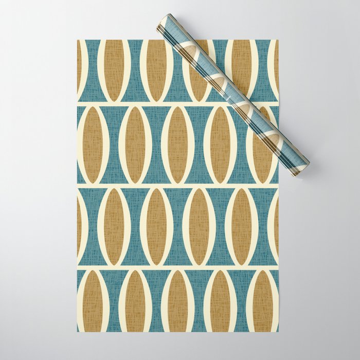 Mid Century Modern Geometric Oval Pattern 227 Blue Gold and Beige Wrapping Paper Gallery Image 1