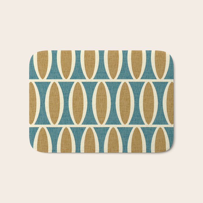 Mid Century Modern Geometric Oval Pattern 227 Blue Gold and Beige Bath Mat Gallery Image 1