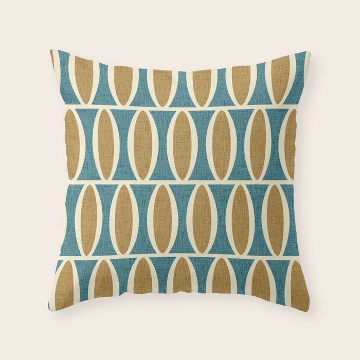 Mid Century Modern Geometric Oval Pattern 227 Blue Gold and Beige Throw Pillow Gallery Image 6