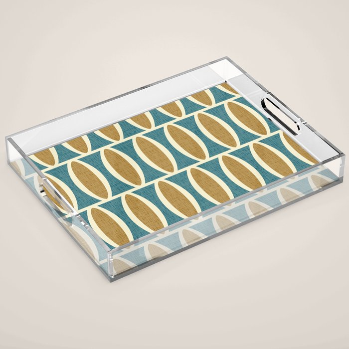 Mid Century Modern Geometric Oval Pattern 227 Blue Gold and Beige Acrylic Tray Gallery Image 1