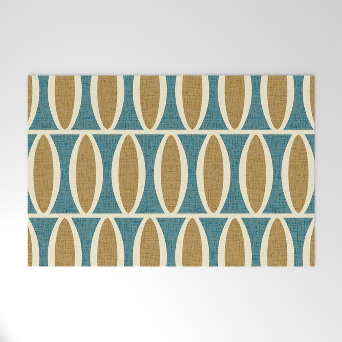 Mid Century Modern Geometric Oval Pattern 227 Blue Gold and Beige Welcome Mat Gallery Image 1
