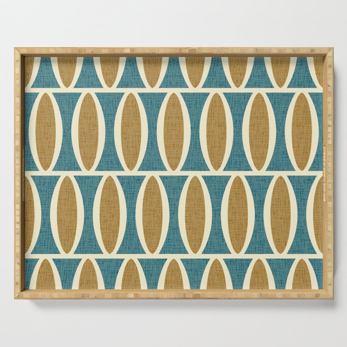 Mid Century Modern Geometric Oval Pattern 227 Blue Gold and Beige Serving Tray Gallery Image 1