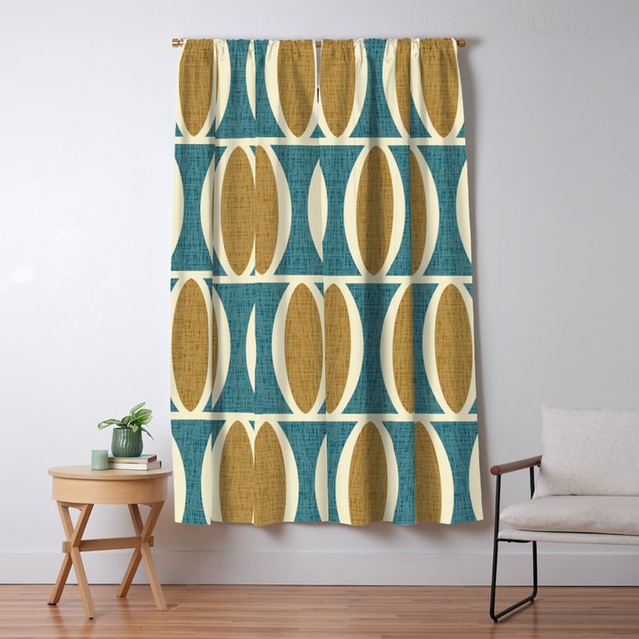 Mid Century Modern Geometric Oval Pattern 227 Blue Gold and Beige Window Curtain Gallery Image 5
