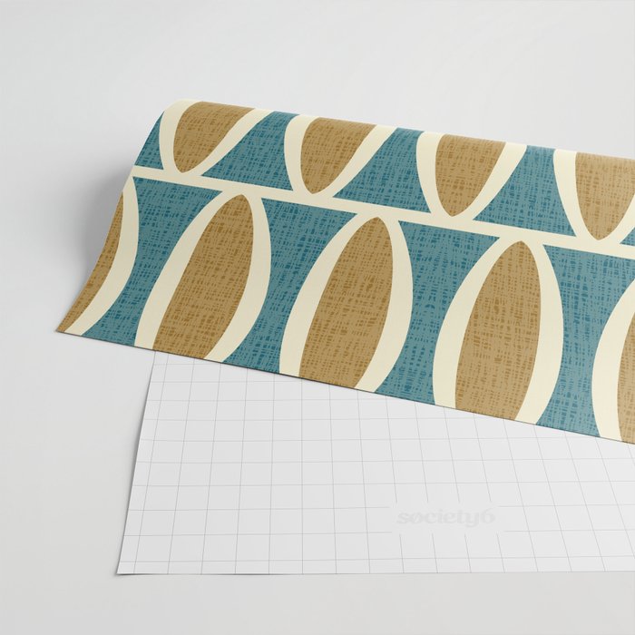 Mid Century Modern Geometric Oval Pattern 227 Blue Gold and Beige Wrapping Paper Gallery Image 2