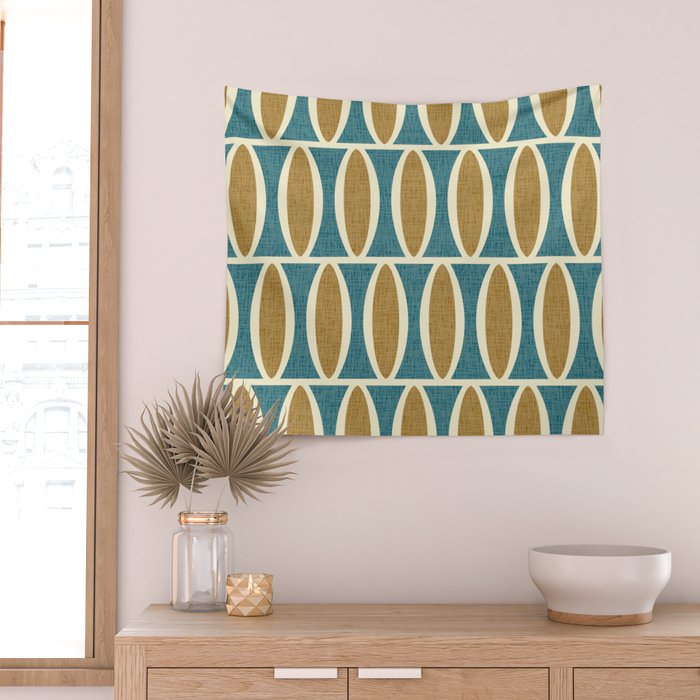 Mid Century Modern Geometric Oval Pattern 227 Blue Gold and Beige Wall Tapestry Gallery Image 2