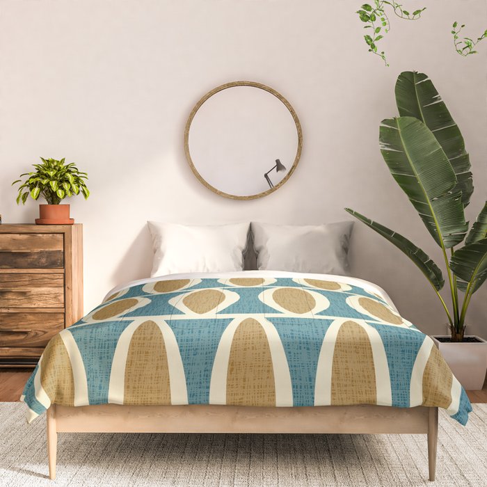 Mid Century Modern Geometric Oval Pattern 227 Blue Gold and Beige Comforter Gallery Image 3