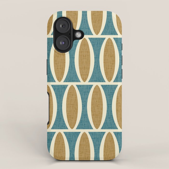 Mid Century Modern Geometric Oval Pattern 227 Blue Gold and Beige iPhone Case Gallery Image 1
