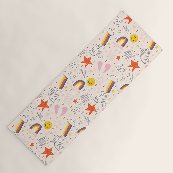 Happy Smiley Face & Retro Rainbows in Dusty Pink Yoga Mat Gallery Image 1