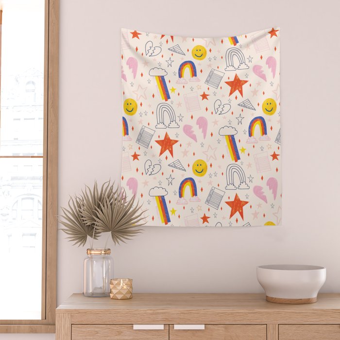 Happy Smiley Face & Retro Rainbows in Dusty Pink Wall Tapestry Gallery Image 2
