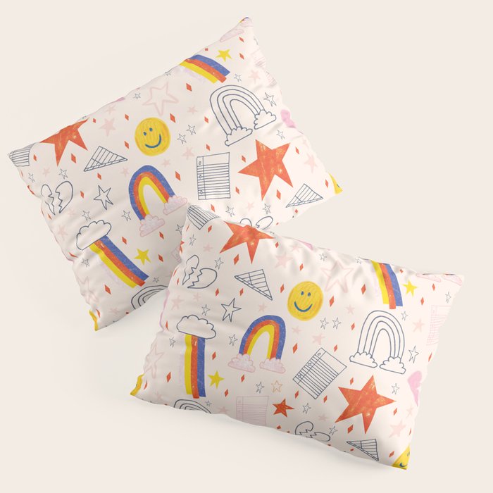 Happy Smiley Face & Retro Rainbows in Dusty Pink Pillow Sham Gallery Image 1