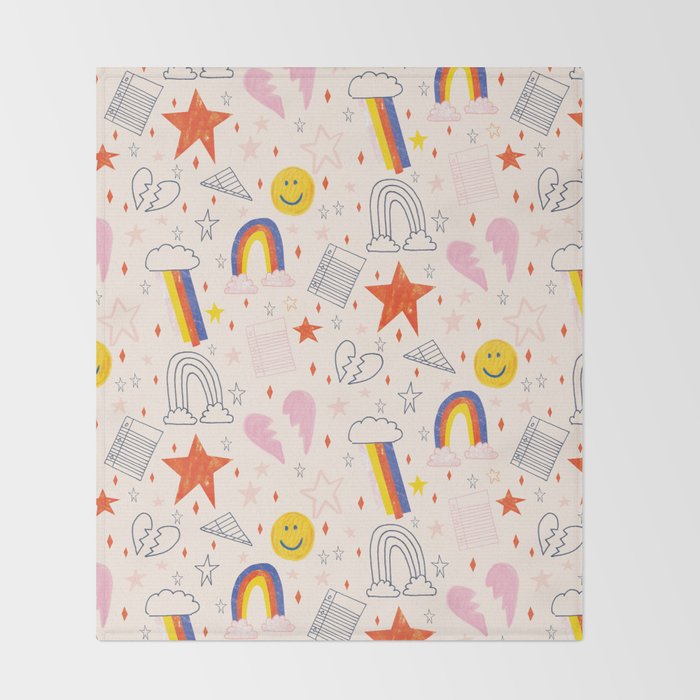 Happy Smiley Face & Retro Rainbows in Dusty Pink Throw Blanket Gallery Image 2