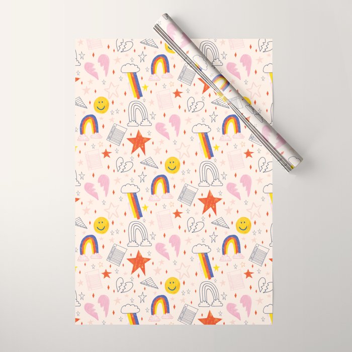 Happy Smiley Face & Retro Rainbows in Dusty Pink Wrapping Paper Gallery Image 1