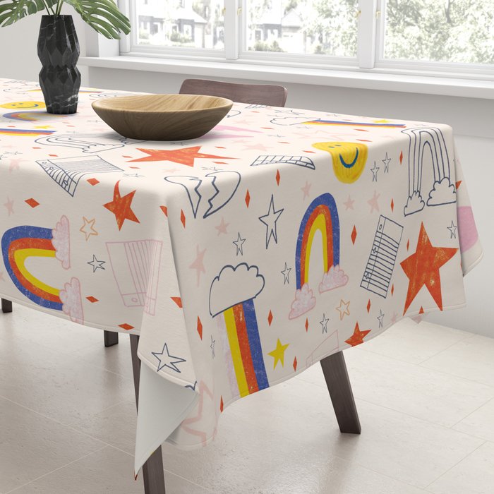 Happy Smiley Face & Retro Rainbows in Dusty Pink Tablecloth Gallery Image 3