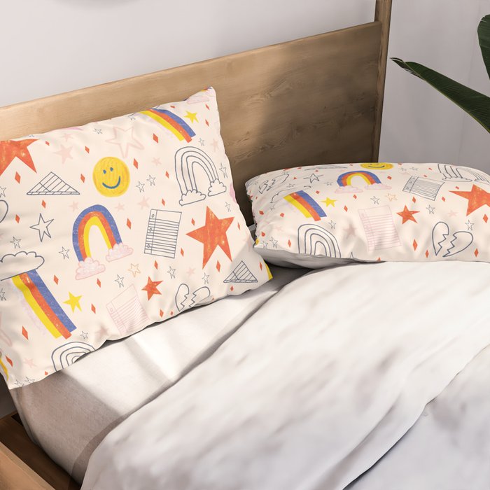 Happy Smiley Face & Retro Rainbows in Dusty Pink Pillow Sham Gallery Image 2