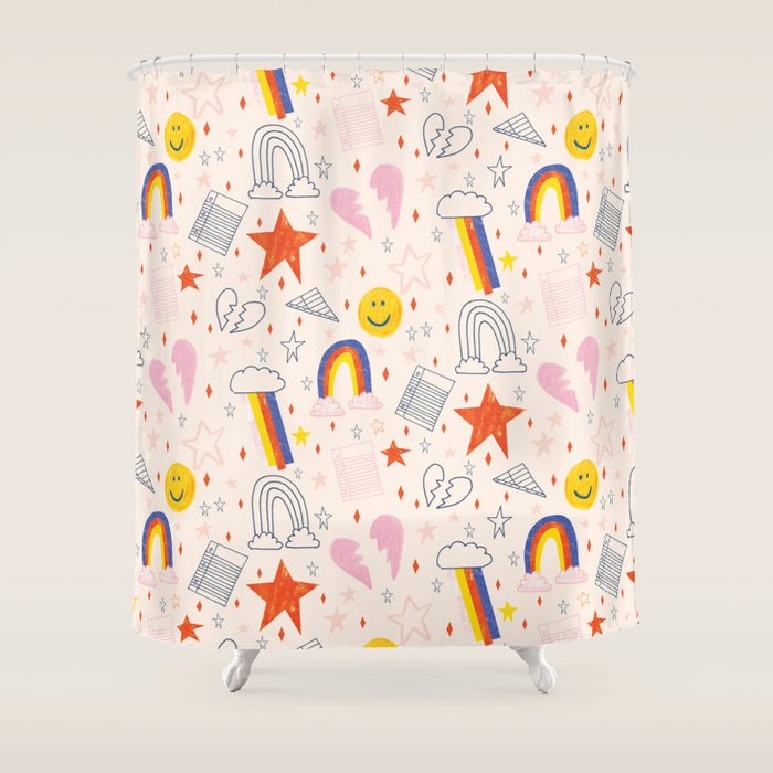 Happy Smiley Face & Retro Rainbows in Dusty Pink Shower Curtain Gallery Image 1
