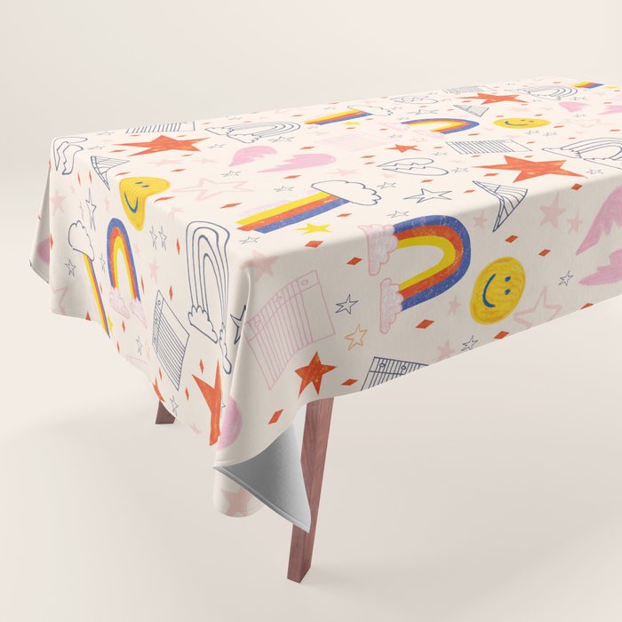 Happy Smiley Face & Retro Rainbows in Dusty Pink Tablecloth Gallery Image 1