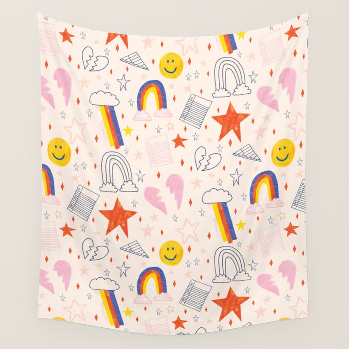 Happy Smiley Face & Retro Rainbows in Dusty Pink Wall Tapestry Gallery Image 4
