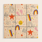 Happy Smiley Face & Retro Rainbows in Dusty Pink Wood Wall Art Gallery Image 1
