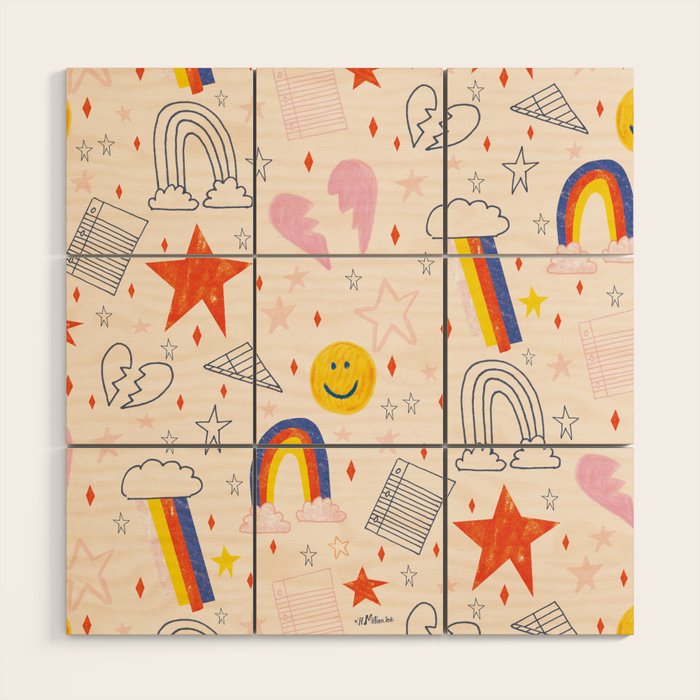 Happy Smiley Face & Retro Rainbows in Dusty Pink Wood Wall Art Gallery Image 1