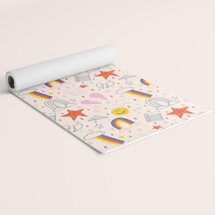 Happy Smiley Face & Retro Rainbows in Dusty Pink Yoga Mat Gallery Image 2