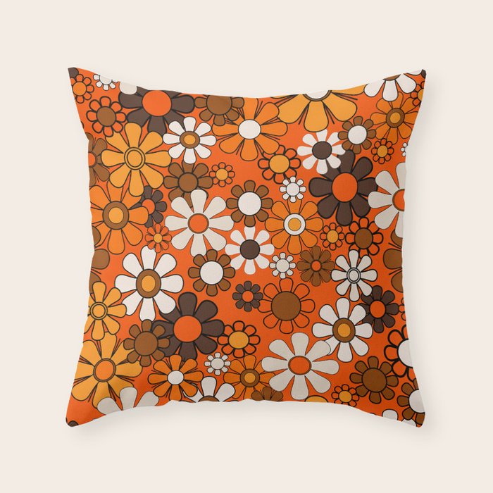 Groovy Retro Garden Vintage 70s Floral Pattern Orange and Brown Throw Pillow Gallery Image 6