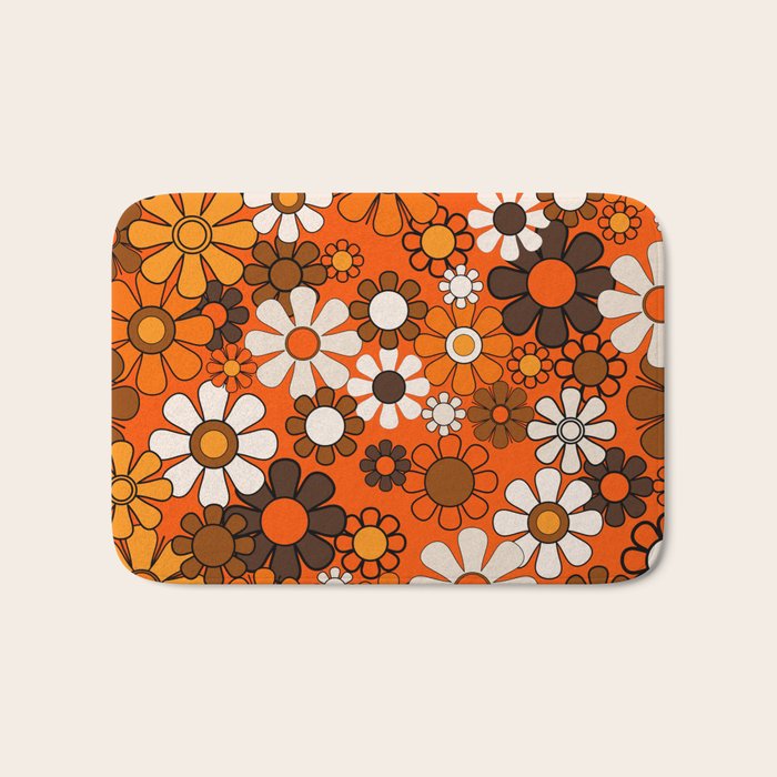 Groovy Retro Garden Vintage 70s Floral Pattern Orange and Brown Bath Mat Gallery Image 1