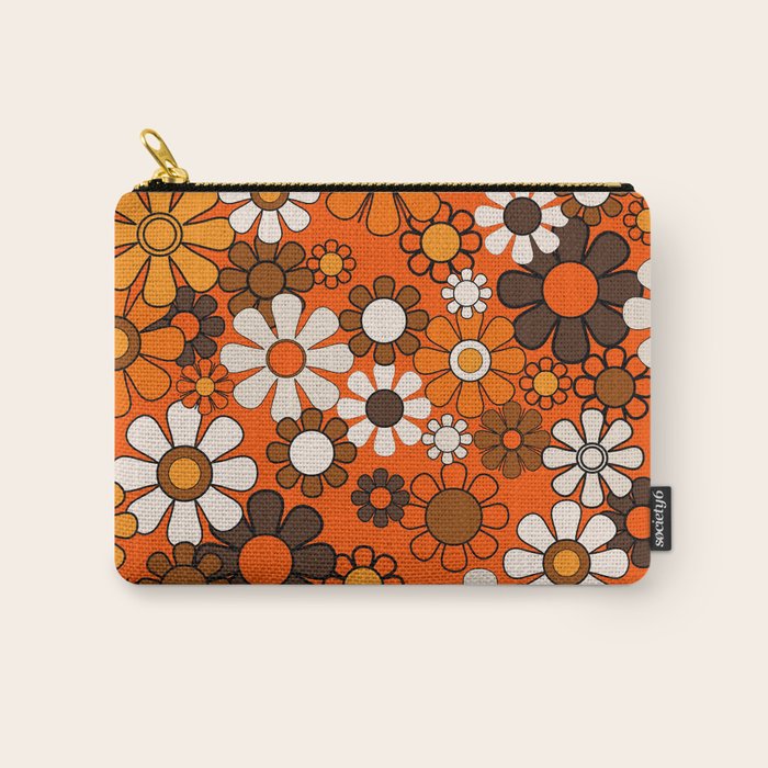 Groovy Retro Garden Vintage 70s Floral Pattern Orange and Brown Carry All Pouch Gallery Image 1