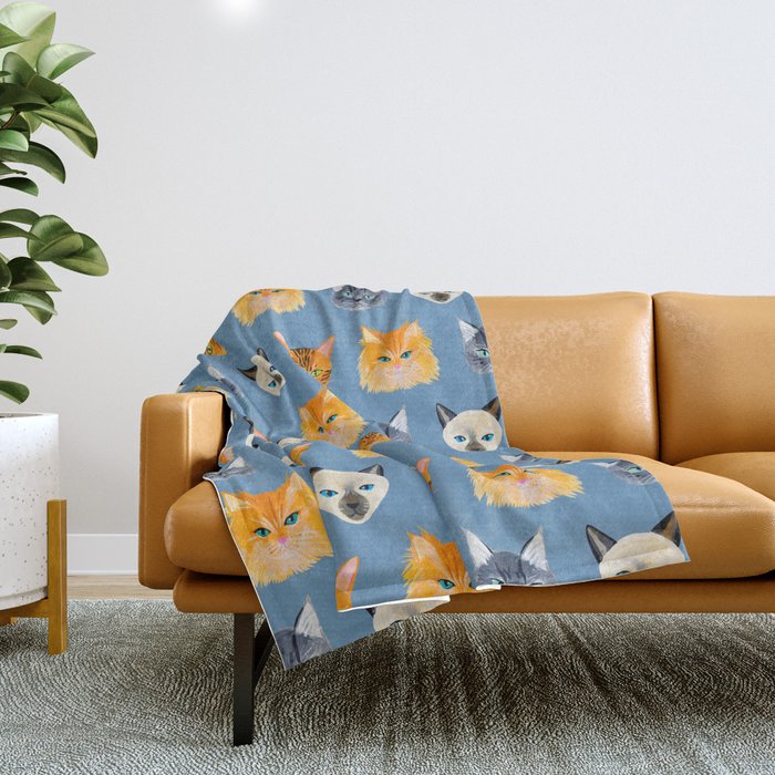 Cats Blue Throw Blanket Gallery Image 1