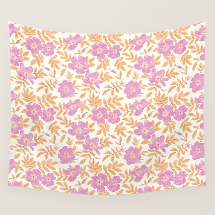 Wild Mountain Roses - sunset pink and orange  Wall Tapestry Gallery Image 1