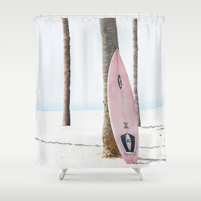California Beach Pink Surfboard Shower Curtain Gallery Image 1