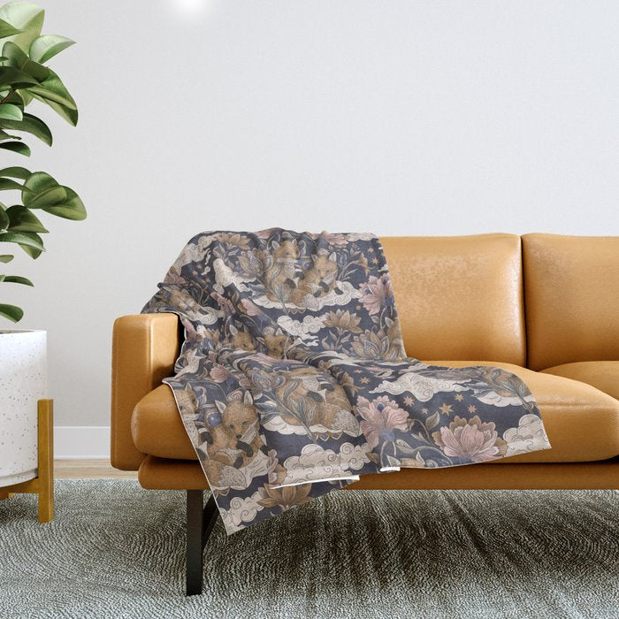 Fox Cubs in Moonlit Garden Throw Blanket Gallery Image 1